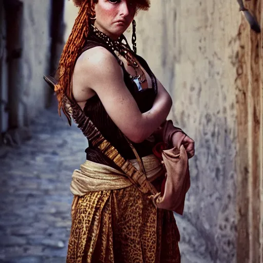 Image similar to beautiful 1 9 th century barbary coast pirate female models with ginger hair and golden hooped earrings photography by steve mccurry