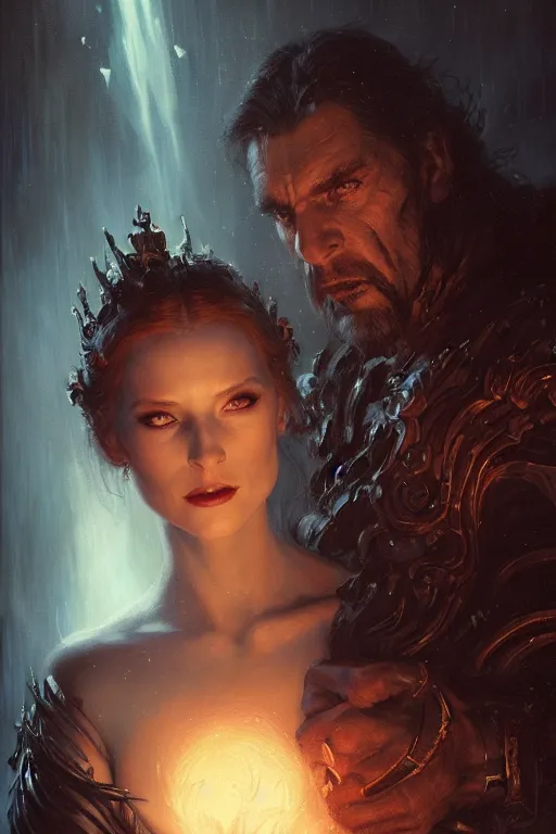 Prompt: face to face to a dark lord, portrait of a beautiful woman and man looking to each other, high detail, partially in shadow, dark fantasy, sci - fi vibe, face, by gaston bussiere, bayard wu, greg rutkowski, auguste bourotte, bastien deharme, masterpiece, sharp focus, cinematic lightning