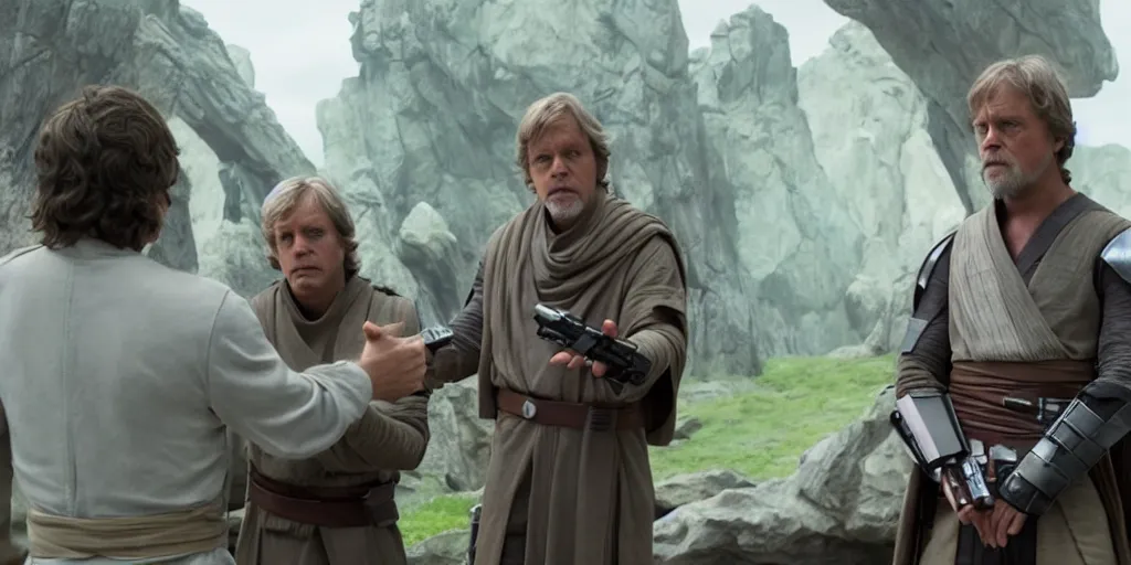 Prompt: Luke Skywalker teaches Grogu at Jedi Temple scene from the Mandalorian 2022, serene, iconic scene, stunning cinematography, anamorphic lenses, kodak film