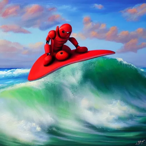 Image similar to red robot surfing the wave, island in the background, oil painting, tropical style, 3 d digital art