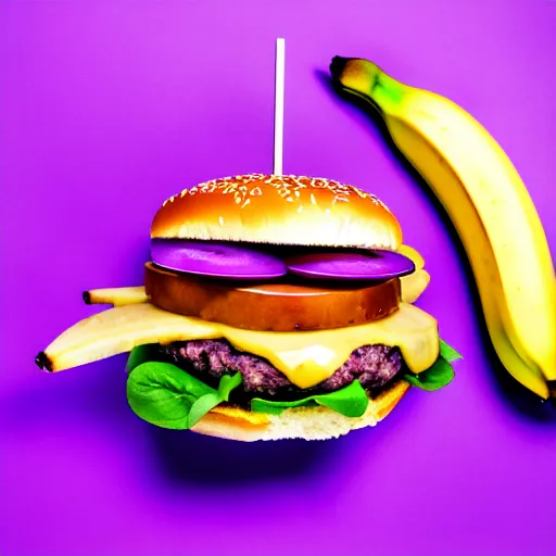 Prompt: a stock photo of a banana burger on a purple background, product photography, f 2. 4, bokeh effect, award winning