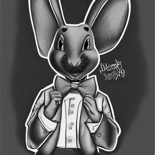 Image similar to A extremely highly detailed majestic hi-res beautiful, highly detailed head and shoulders portrait of a scary terrifying, horrifying, creepy black cartoon rabbit with a bowtie and scary big eyes, earing a shirt laughing, hey buddy, let's be friends, in the style of Walt Disney