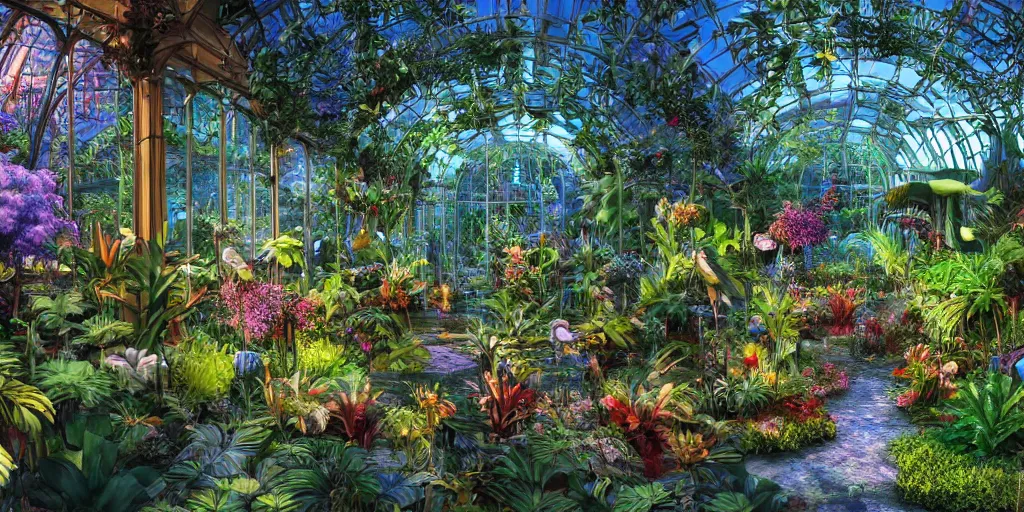 Prompt: magician's tropical greenhouse garden with colored glass cover, outside of time and space, birds, flowers, fairy tale, night lighting, gorgeous lighting, dramatic cinematic lighting, intricate, highly detailed, low angle view, artstation, mysterious, comfort, in the style of aetherpunk, 8 k