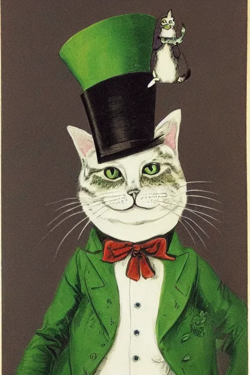 Image similar to 3 / 4 portrait of a cat wearing a top hat and a green three piece suit with a fish in its mouth, by louis wain and david tibet