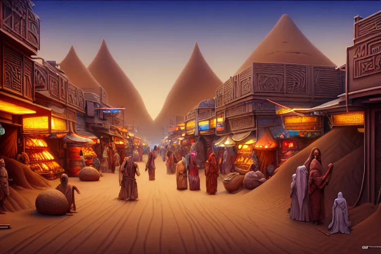 Prompt: isometric view of a highly detailed bazaar street in the dune city of tyr from the land of athas, amazing dark sun digital painting, by gerald brom, brom digital art, intricate details, ultra realistic, beautiful art, volumetric lighting, warm colors advance cool colors recede, by brom, trending cgsociety, artstation, rim lighting, 8 k