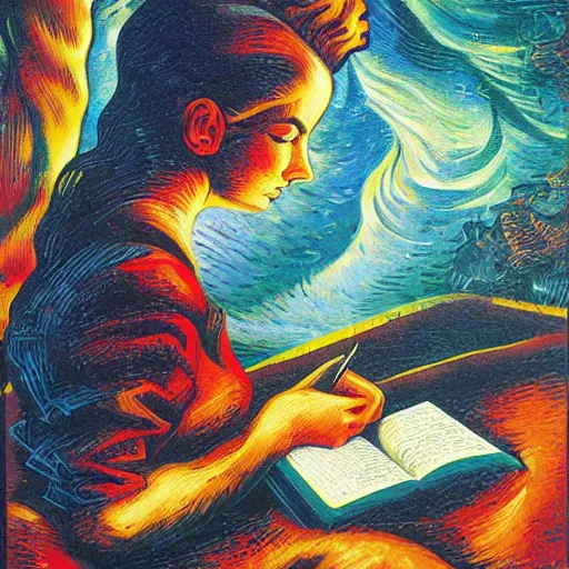 Image similar to a girl reading a book, surreal by dan mumford and umberto boccioni, oil on canvas