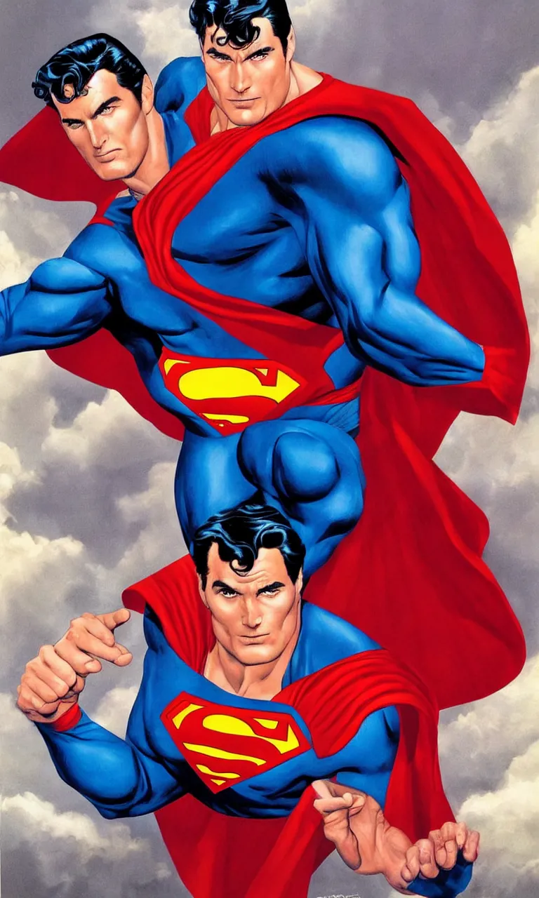 Prompt: a famous handsome actor as superman by alex ross