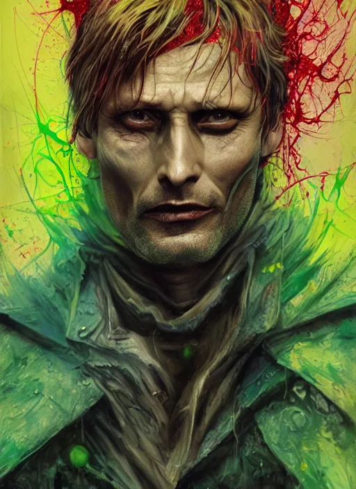 Image similar to a Demon Slayer portrait of Mads Mikkelsen, tall, pale-skinned, slender with lime green eyes and long eyelashes by Stanley Artgerm, Tom Bagshaw, Arthur Adams, Carne Griffiths, trending on Deviant Art, street art, face enhance, chillwave, maximalist, full of color, glittering