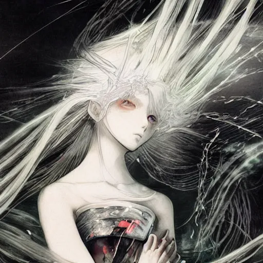 Prompt: yoshitaka amano blurred and dreamy realistic illustration of an anime girl with wavy white hair and cracks on her face wearing elden ring armour with the cape fluttering in the wind, abstract black and white patterns on the background, noisy film grain effect, highly detailed, renaissance oil painting, weird portrait angle