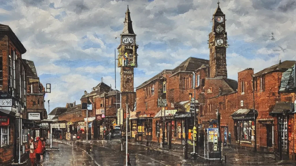 Prompt: Royton town centre clock tower in Oldham, highly detailed oil painting, epic fantasy art, abstraction, masterpeice, 8k