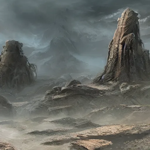 Prompt: beautiful abandoned landscape with monoliths and artifacts, concept art, highly detailed photograph