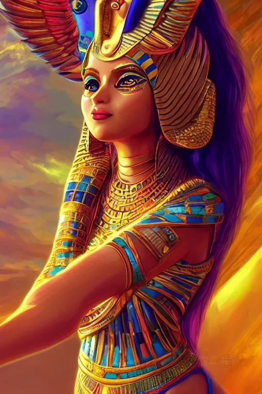 Image similar to egyptian cat goddess, vivid colors, high details, cinematic, 8k resolution, beautiful detailed, photorealistic, digital painting, artstation, concept art, smooth, sharp focus, illustration, fantasy background, artstation trending, octane render, unreal engine