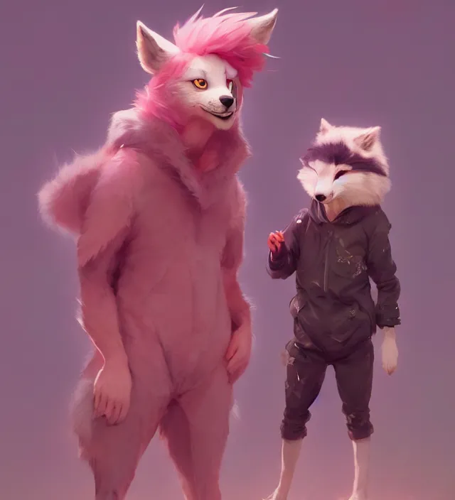 Image similar to a beautiful fullbody portrait of a cute boy with pink hair wearing a wolf kigurumi. character design by cory loftis, fenghua zhong, ryohei hase, ismail inceoglu and ruan jia. artstation, volumetric light, detailed, photorealistic, rendered in octane