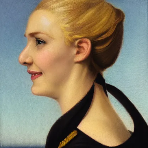 Prompt: a happy smiling loving blond beautiful pirate captain gazing into the horizon in the style of mary jane ansell.