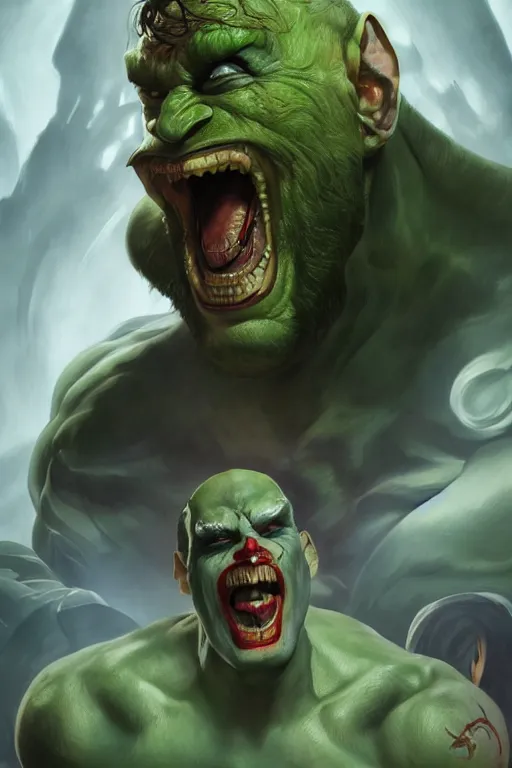 Image similar to portrait of mark zuckerberg as the joker as a hulking herculean demon orc bugbear clown, godlike, upper body, fantasy, intricate, elegant, highly detailed, digital painting, artstation, concept art, sharp focus, illustration, art by artgerm and greg rutkowski and alphonse mucha