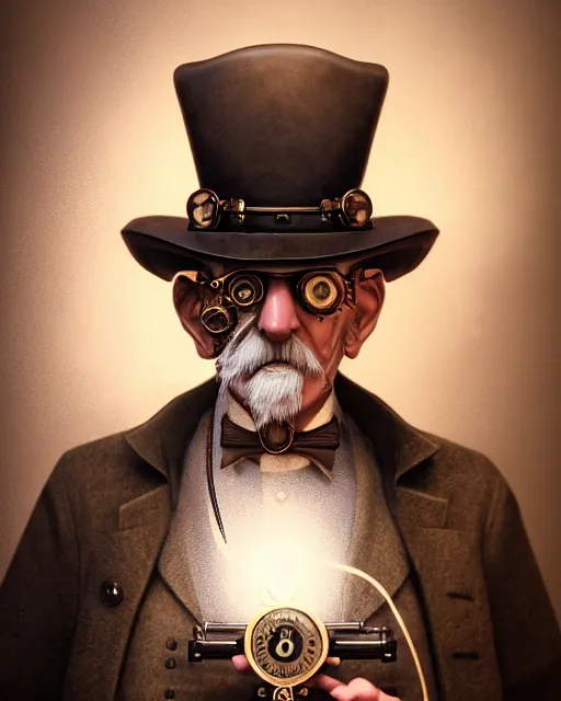 Prompt: steampunk old man portrait, handsome, steampunk hat, detective coat, steampunk monocle, hyper realistic 3 d render by ilya kuvshinov, peter mohrbacher, greg rutkowski, ryohei hase, dramatic lighting, intricate, highly detailed, sharp focus, luminous, unreal engine, blender, deviant art, masterpiece, ray tracing