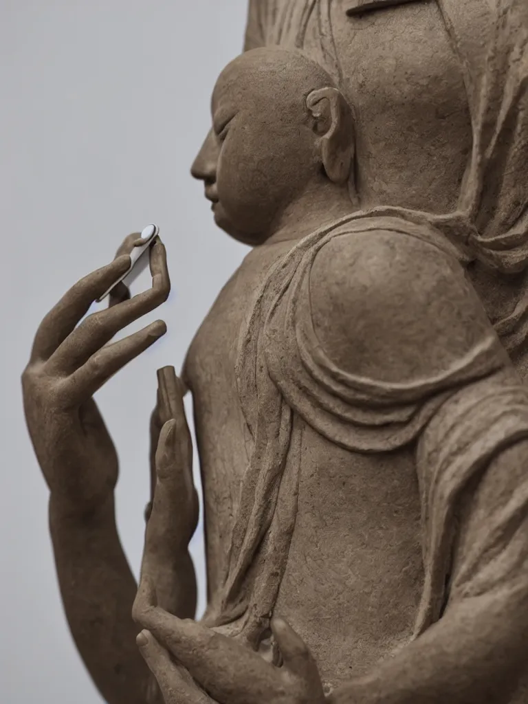 Image similar to beautiful detailed sculpture of meditating buda looking at a smartphone, in a gallery setting, influenced by greg rutkowsk. professional studio photo, full object in middle, soft lighting, centered, 1 5 0 mm lens, high definition