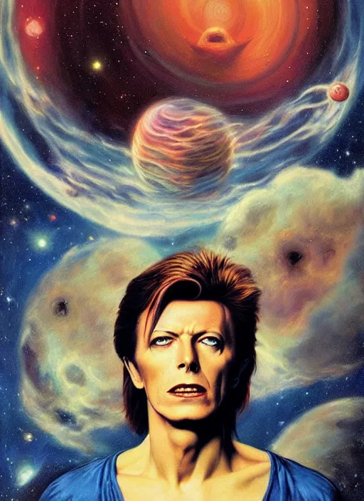 Image similar to david bowie floating through the cosmo outer space, twin peaks poster art, old retro pulp, by michael whelan, rossetti bouguereau, artgerm, nostalgic, old fashioned