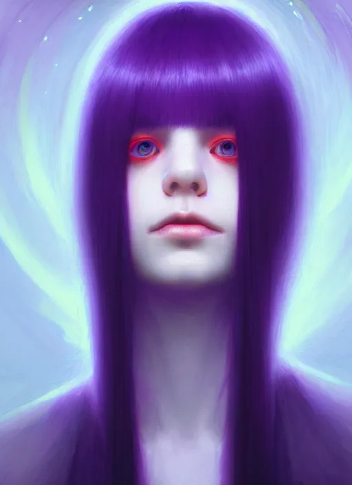 Image similar to hair whitebangs hair, black hair, whitebangs, portrait of teenage girl with white bangs, red irises, purple clothes, white bangs, bangs are different color from hair, intricate, elegant, glowing lights, highly detailed, digital painting, artstation, concept art, smooth, sharp focus, illustration, art by wlop, mars ravelo and greg rutkowski