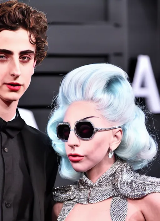 Image similar to timothee chalamet and lady gaga, canon, highly realistic. lady gaga, high resolution. highly detailed 8 k. 4 k.