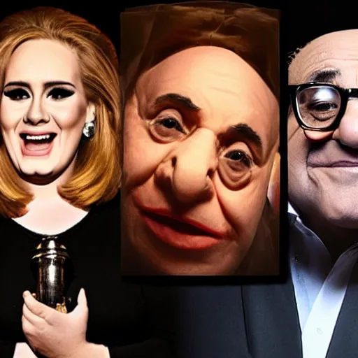 Image similar to Adele with Danny Devito face transplant, concert, live performance, full body shot