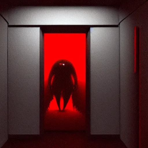 Image similar to cctv of an extremely dark empty room with glowing humanoid cryptid monster made out of static, dark deep black shadows, red and black color contrast in the style of trevor henderson and james ensor goya, liminal space, 3 d octane render, glitch effect