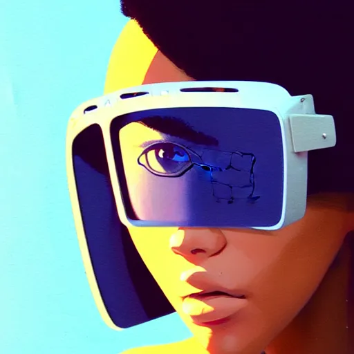 Image similar to Beautiful woman wearing opaque reflective goggles profile picture by Greg Rutkowski, brown skin, long afro hair, asymmetrical, futuristic, cool colors, streetwear, studio ghibli, Organic Painting , Matte Painting, geometric shapes, hard edges, street art, trending on the artstation, fantasy LUT, realistic by Sachin Teng + Martin Grip + Moebius, techwear, Industrial Scifi, detailed illustration, character portrait,