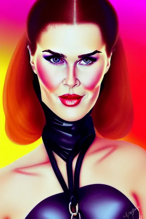 Image similar to mix of beautiful young maria shriver, mariel hemmingway, brooke shields, nicole kidman and elle macpherson as a dominatrix, thin lips, hair tied up in a pony tail, dark blonde hair, colorful, deviantart, artstation, cgsociety