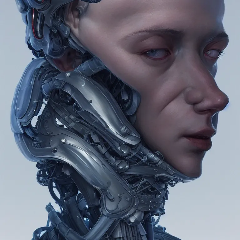 Image similar to 2 0 7 7 prototype exoskeleton portrait with ribbed jshzh face by rutkowsky and charles vess and james jean and erik jones and rhads, inspired by ghost in the shell, 3 d octane render, beautiful fine face features, intricate high details, sharp, ultradetailed, artistic photography