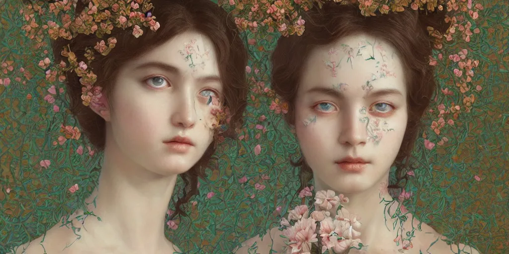 Image similar to breathtaking detailed concept art painting portrait of the goddess of nemophila flowers, orthodox saint, with anxious piercing eyes, ornate background, amalgamation of leaves and flowers, by hsiao - ron cheng, extremely moody lighting, 8 k