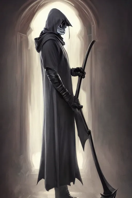 Image similar to Boris Johnson as Grim Reaper in a hood with scythe, portrait, highly detailed, digital painting, artstation, concept art, smooth, sharp focus, illustration, cinematic lighting, art by artgerm and greg rutkowski and alphonse mucha