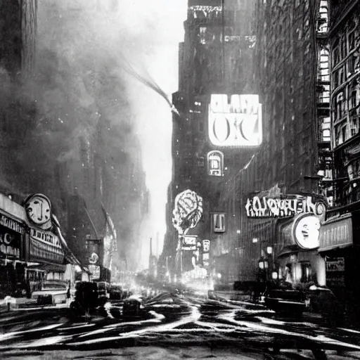 Prompt: old black and white photo, 1 9 1 3, depicting a giant alien dieselpunk octopus rampaging through the bustling streets of new york city, historical record, volumetric lights