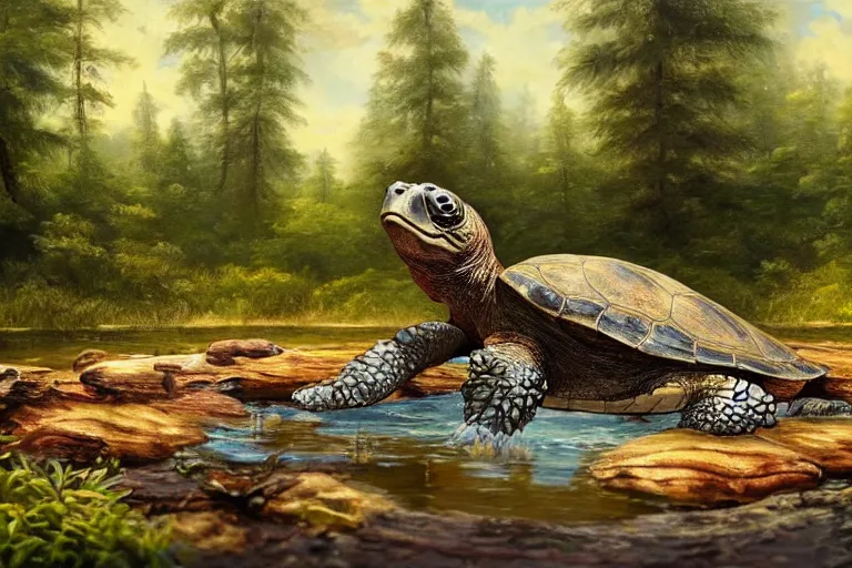 Prompt: highly detailed oil painting of a turtle man sitting in a steaming colorful hotspring with woodland forest backdrop, featured on artstation