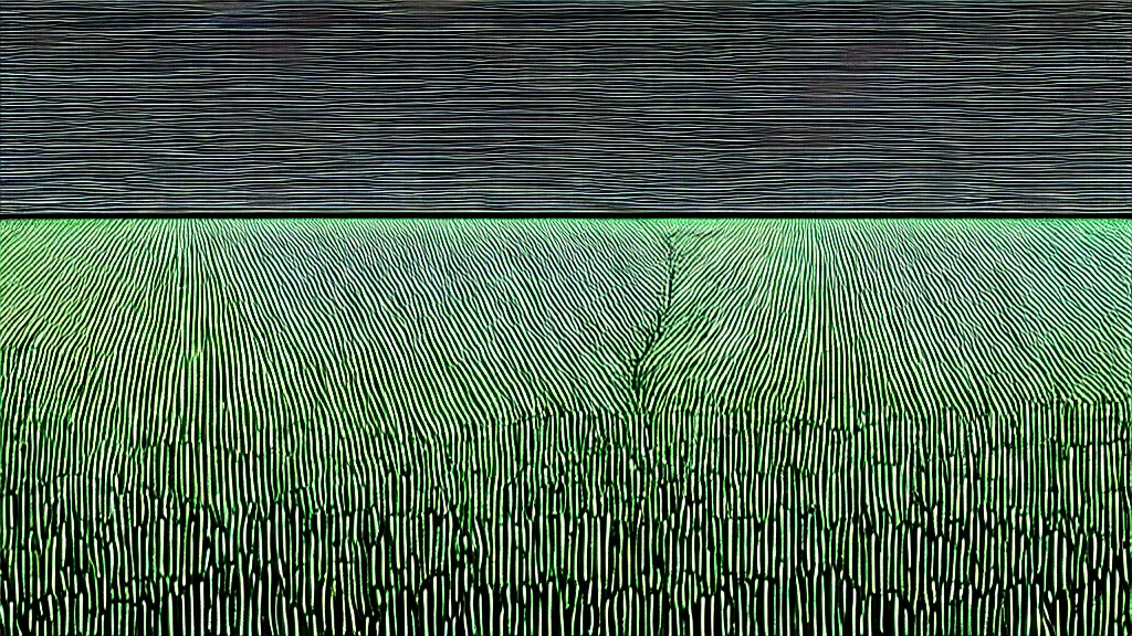 Prompt: dramatic rice fields of toyama city, japan, a collage painting, in the style of wes anderson, lola dupre, david hockney, isolated on negative white space background dark monochrome neon fluorescent spraypaint accents volumetric octane render