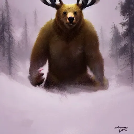 Prompt: a creature that is a hybrid between a bear and a bunny with golden brown antlers. Jordan Grimmer. Geoffroy Thoorens. Jakub Różalski.