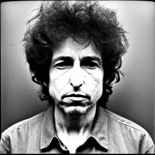 Image similar to Mugshot Portrait of Bob Dylan, taken in the 1970s, photo taken on a 1970s polaroid camera, grainy, real life, hyperrealistic, ultra realistic, realistic, highly detailed, epic, HD quality, 8k resolution, body and headshot, film still, front facing, front view, headshot and bodyshot, detailed face, very detailed face