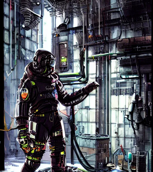 Image similar to realistic cyberpunk japanese engineer with long limbs and a black spacesuit welding a wall, techwear, dead space, visible face, Industrial Scifi, detailed illustration, character portrait, by Martin Grip and Moebius