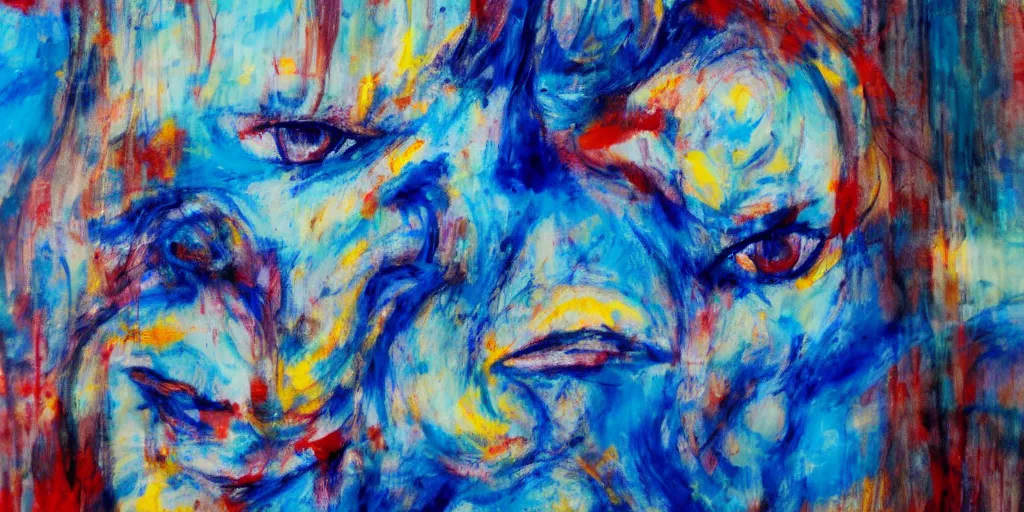 Image similar to chaotic expressionism painting of a face, blue color palette