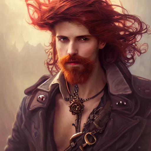 Image similar to portrait of a young rugged steampunk pirate, male, handsome, masculine, full body, red hair, long hair, soft hair, fantasy, intricate, elegant, highly detailed, steampunk, airship, digital painting, artstation, concept art, character art, smooth, sharp focus, illustration, art by artgerm and greg rutkowski and alphonse mucha