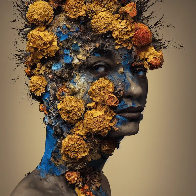 Image similar to A beautiful oil painting hyperrealism of a decayed black head, rotting black clay skin, gold flaked flowers, floral headdress, 8k resolution, octane render, Trending on artstation, by Gediminas Pranckevicius, volumetric light 2blue fractal Thunder glow by dan mumford, anaglyph effect, Laurie Lipton