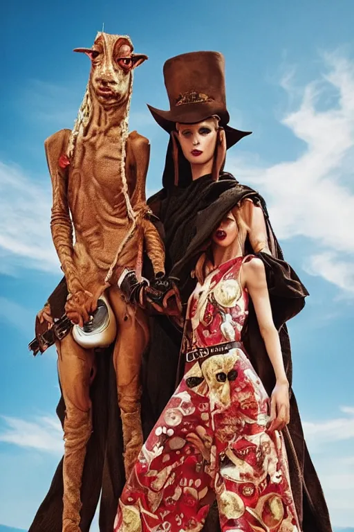 Image similar to dolce & gabbana campaign featuring jar jar binks as a female cowgirl, long eyeslashes, huge juicy lips, big seductive eyes, shot by mario testino, realistic vfx simulation