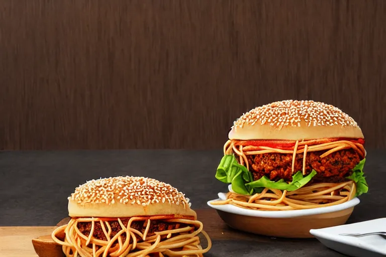 Image similar to spaghetti burger, commercial photography