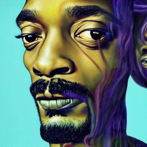 Image similar to colour masterpiece surreal closeup portrait photography of snoop dogg by miho hirano and annie leibovitz and michael cheval, psychedelic smoke background by kilian eng and roger dean and salvador dali and beksinski, 8 k