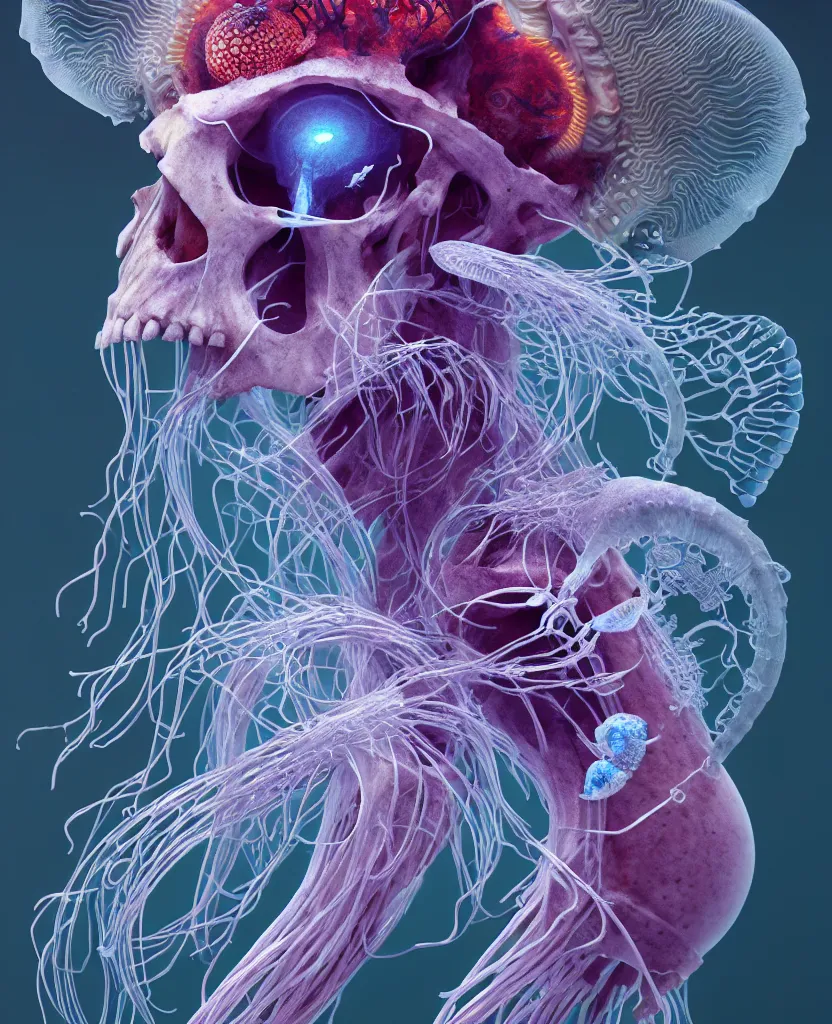 Image similar to goddess close-up portrait ram skull, thorax, x-ray, backbone, jellyfish phoenix head, nautilus, orchid, skull, betta fish, bioluminiscent creatures, intricate artwork by Tooth Wu and wlop and beeple. octane render, trending on artstation, greg rutkowski very coherent symmetrical artwork. cinematic, hyper realism, high detail, octane render, 8k