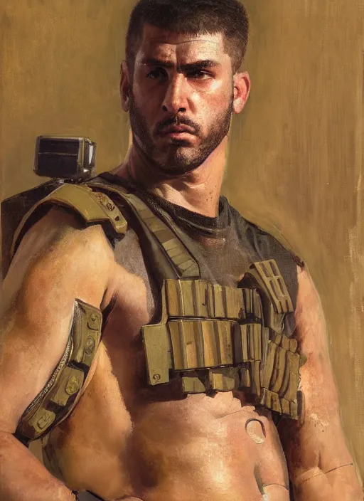 Image similar to big mike. cyberpunk boxer wearing a military vest and combat gear. (Cyberpunk 2077, bladerunner 2049). Round face. Iranian orientalist portrait by john william waterhouse and Edwin Longsden Long and Theodore Ralli and Nasreddine Dinet, oil on canvas. Cinematic, hyper realism, realistic proportions, dramatic lighting, high detail 4k