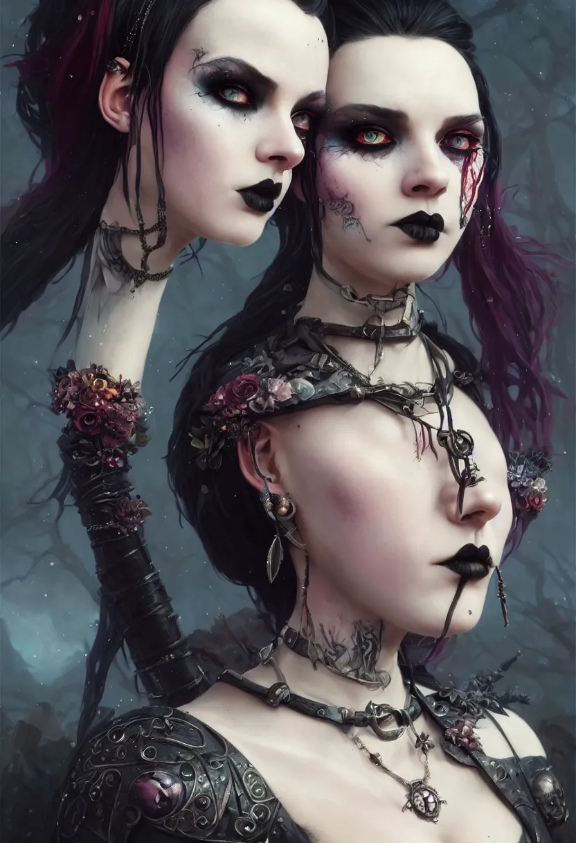 Image similar to beautiful very extreme closeup portrait, goth girl, piercings collar, mohawk hairstyle, medieval dress. witch, makeup. unreal engine, greg rutkowski, loish, rhads, beeple, tom bagshaw, alphonse mucha, global illumination, detailed and intricate environment