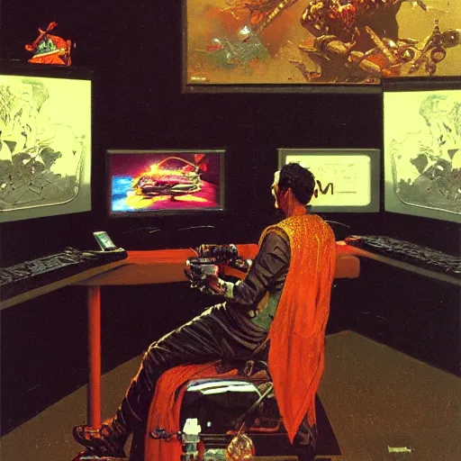 Prompt: king of saudi arabia playing video games. foggy black background. highly detailed science fiction painting by norman rockwell, frank frazetta, syd mead and moebius. rich colors, high contrast, gloomy atmosphere, dark background. trending on artstation