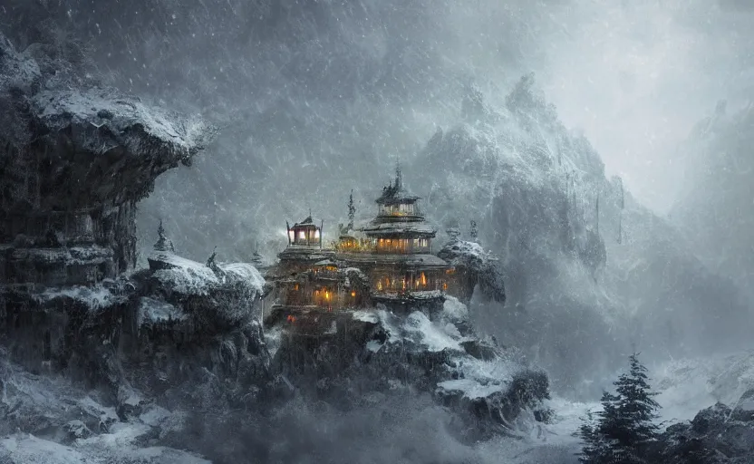 Image similar to Beautiful lush eden garden on top of the highest mountain in the world, snow storm, next to a mystical temple, intricate, elegant, volumetric lighting, digital painting, highly detailed, artstation, sharp focus, illustration, concept art, ruan jia, steve mccurry