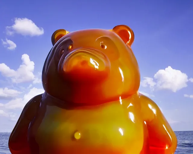 Prompt: a giant sculpture of a giant gummy bear on the water, award winning, hyper - realistic, very detailed, realistic water, ray tracing, 8 k resolution, long - shot, sharp focus, low angle, 8 5 mm photograph, wide lens