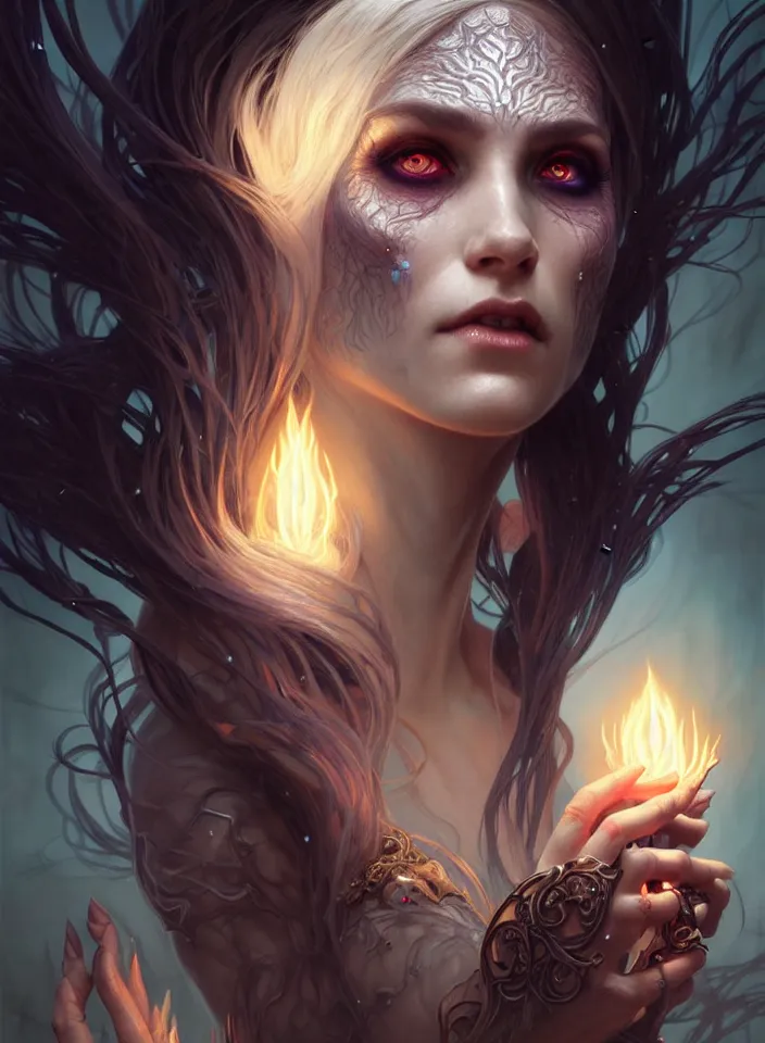 Image similar to Necromancer Sorceress face in center, fantasy magic, undercut hairstyle, dark light night, intricate, elegant, sharp focus, illustration, highly detailed, digital painting, concept art, matte, art by WLOP and Artgerm and Greg Rutkowski and Alphonse Mucha, masterpiece